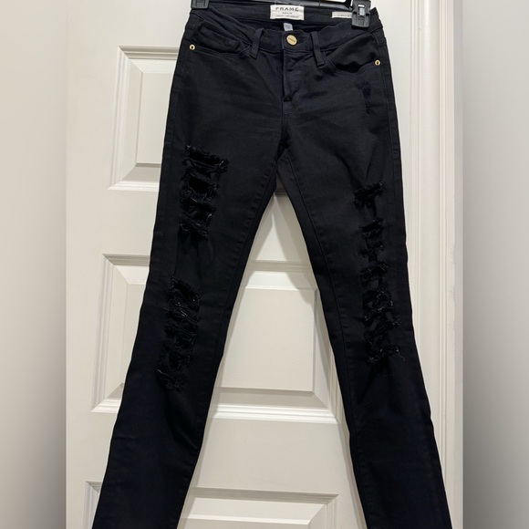 FRAME DENIM Le Skinny De Jeanne Black Ripped Destroyed Jeans Size 23 - Picture 8 of 8
